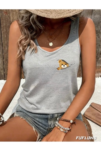 FUFLUNS Γυναικείο φανελάκι με στρογγυλή λαιμόκοψη και στάμπα αρκουδάκι με φερ...