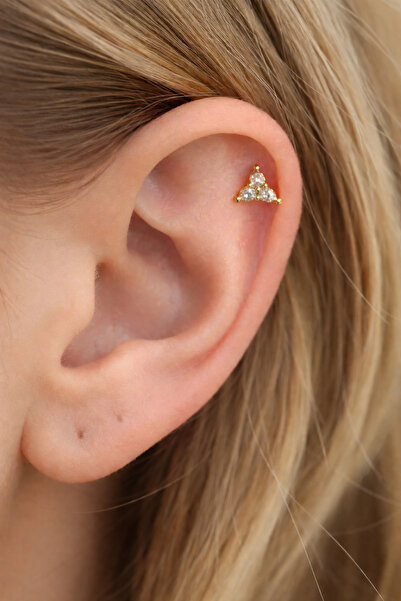 Çelik Özel Tasarım Gold Zirkon Taşlı Helix Tragus Kıkırdak Piercing