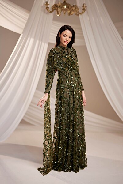 Halezademoda Taşlı Tül Detaylı Tesettür Abiye 1014