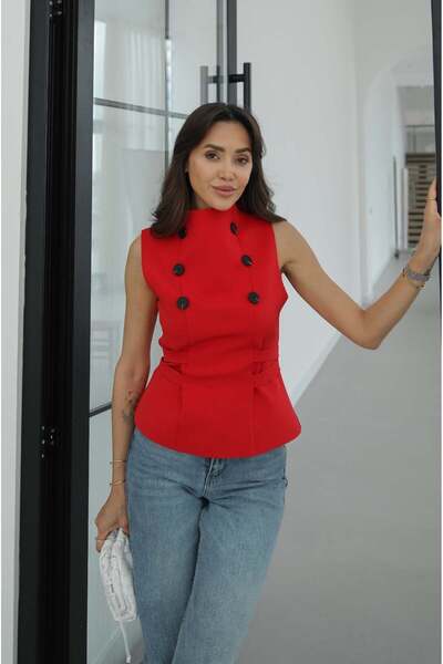 Havoş Κόκκινη μπλούζα με διπλά κουμπιά και ρυθμιζόμενη ζώνη