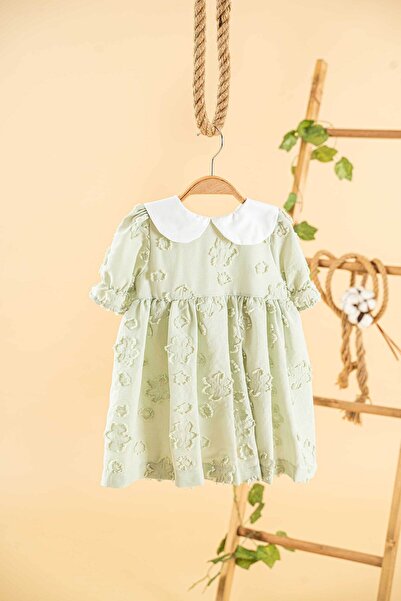 Mini Chics Kız Bebek Keten Elbise %100 Pamuk Astarlı Nefes Alabilir Doğal Kum...