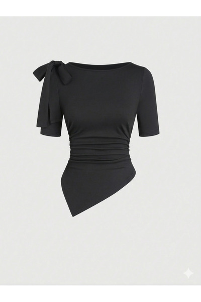blck & premium Fiyonk Detaylı Kahve Usa Trend Asimetrik Viscone Kısa Kol Yazl...