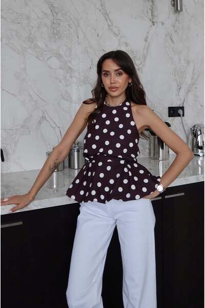 Havoş Καφέ μπλούζα πεπλουμ με σχέδιο πουά Lelia