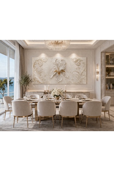 HDART Premium Seri Altın Dokunuşlu Beyaz İris Kabartma Efektli Kanvas Tablo D...
