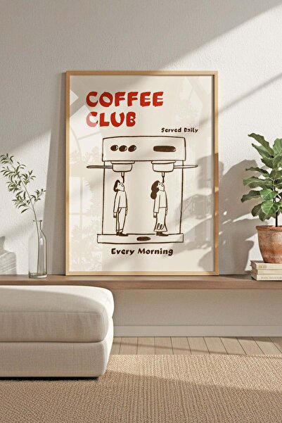 Buka Shops Minimalist Coffee Club Kahve Makinesi Çizimi - Ahşap Çerçeveli Esp...