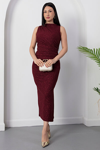 PULLIMM Rochie cu decolteu rotund, fără mâneci, drapată, cu sclipici DKS1041