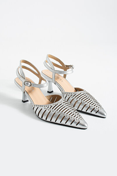 dericia shoes Motion Genuine Leather Laser Women's Silver Thin Heeled Shoes