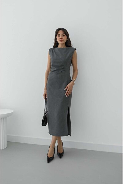 Havoş Antrasit Nick Yırtmaçlı Vatkalı Elbise