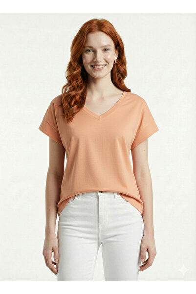 Neden Tekstil Γυναικείο μπλουζάκι με λαιμόκοψη V, κοντό μανίκι και άνετη εφαρ...