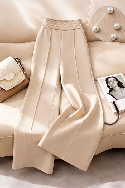 nathia outdoors Ψηλόμεσο γυναικείο παντελόνι Palazzo με λεπτομέρεια από πέρλες