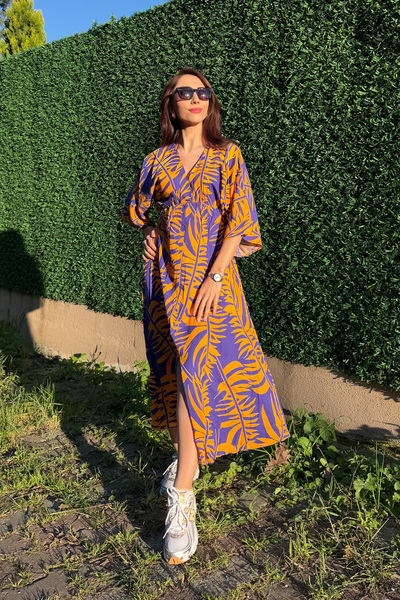 SUN BUTİK Πορτοκαλί Μωβ Φόρεμα μίντι με διπλό σχέδιο και σκίσιμο