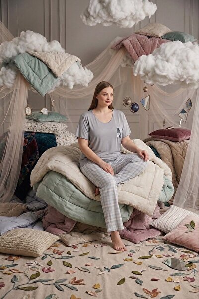 bie's Σετ πιτζάμες Palazzo με κοντό μανίκι από βισκόζη χωρίς κουμπιά σε μεγάλ...