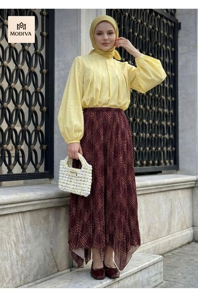 MODİVA MİX Women's Plaid Patterned Pleated High Waist Skirt for Casual & Stylish Use