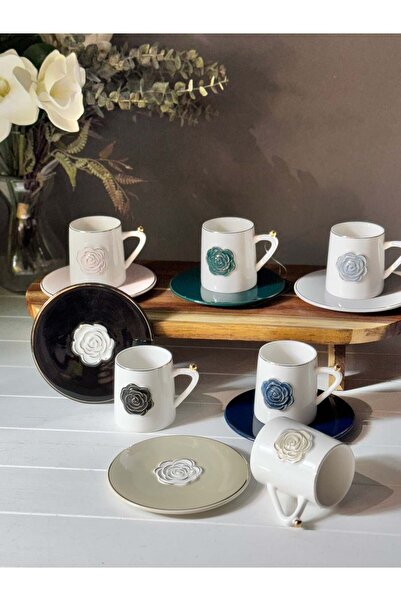 şirineşyalarım Rozsa 6 Kişilik Porselen Türk Kahvesi Fincan Takımı