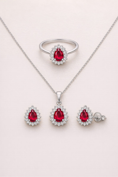 TASLİDUSLERJEWELRY 925 Ayar Gümüş Yakut Rengi Damla Taşlı Antika Model Set