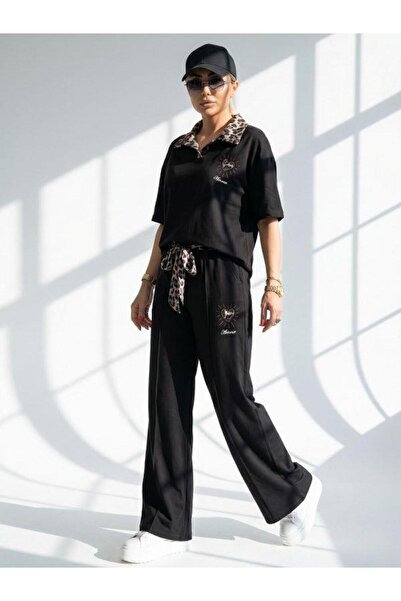 Kokoşum Butik 7539 Σετ με ζώνη και γιακά λεοπάρ, μαύρο