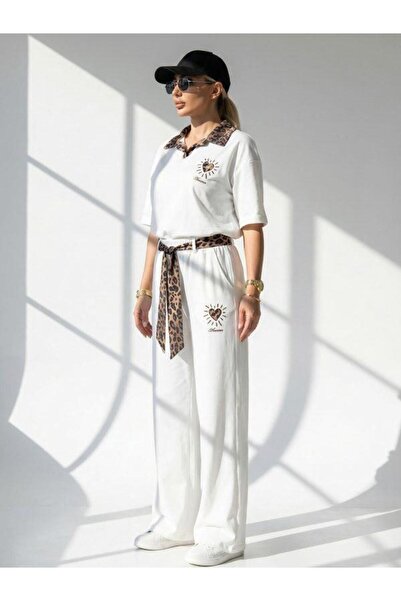 Kokoşum Butik 7539 Σετ με ζώνη και γιακά λεοπάρ, λευκό