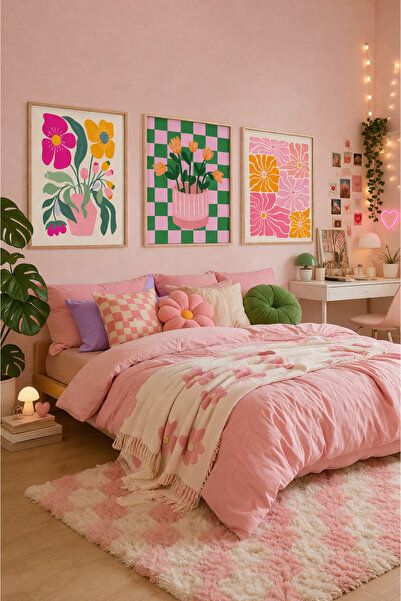 STARYUNA Σετ τριών πινάκων με ξύλινο πλαίσιο και πολύχρωμα λουλουδάτα σχέδια ...