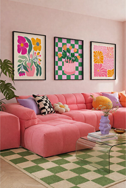 STARYUNA Μαύρο ξύλινο πλαίσιο με πολύχρωμα λουλουδάτα σχέδια, σετ τριών πινάκ...