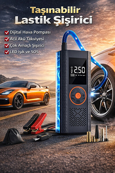 handanca Hava Kompresörü ve Akü Takviye Cihazı 12000mAh Lastik Şişirme, Taşın...