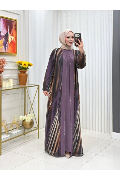 Modam Bella Plus Size Stone Detailed Patterned Double Dress Set