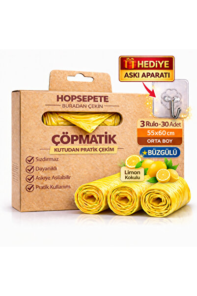 hopsepete Büzgülü Çöp Torbası 30 Adet (3 Rulo) Orta Boy 55x60 cm - Limon Koku...