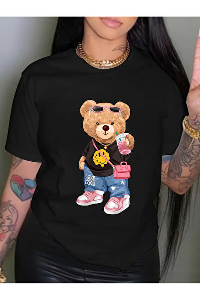 Marco Fresco Women's Teddy Bear Printed Crew Neck Oversize T-Shirt