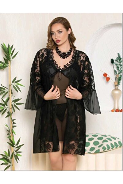 Viselya Lace Embroidered Transparent Plus Size Dressing Gown Nightgown Set