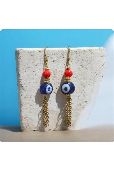Birtakı'm Şeyler Authentic Handmade Earrings with Blue Red Evil Eye Beads