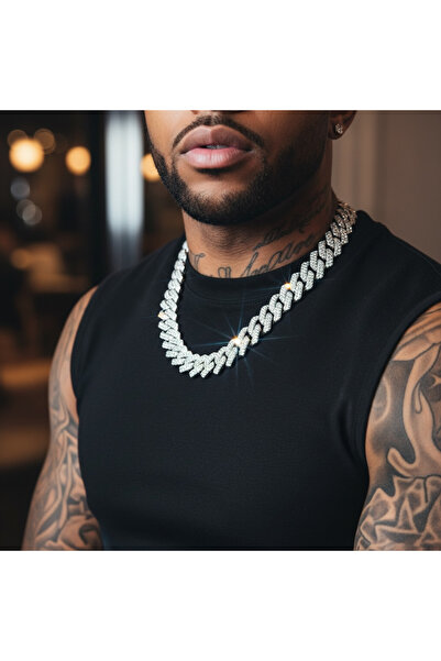 GLSVM Unisex Cuban Chain Kolye - 13MM Iced Out Parlak Zirkon Taşlı Çelik Kolye
