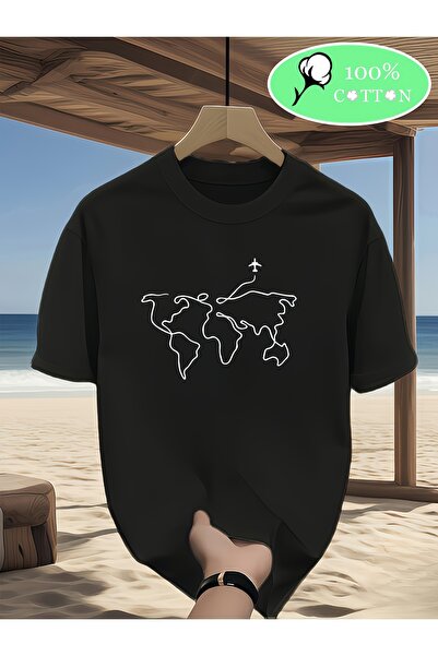 yiou trendy clothing تي شيرت رجالي أسود برقبة دائرية - تصميم خريطة العالم البسيط