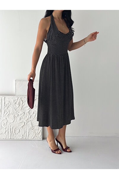 YUSUF CAN KARATAŞ KARATAŞ GİYİM Γυναικείο Φόρεμα Μαύρο Χρώμα Πουά Βισκόζη με ...