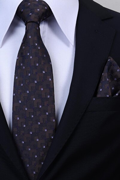 Esgue Χειροποίητη γραβάτα 8 εκ. με γεωμετρικό μικροσχέδιο σε καφέ-μωβ χρώμα μ...