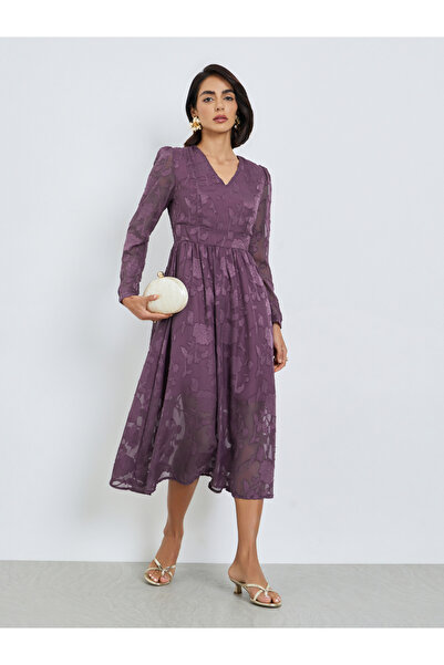 Styli Purple Floral Jacquard A-Line Midi Dress