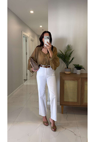 BİRCANÇİL Μελότι Λευκό Τζιν με ίσια γραμμή και κομμένο τελείωμα με ζώνη