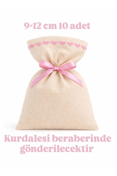 ALASEREN 10 ADET 9×12 CM PEMBE NAKIŞLI HAM BEZ BEJ/KREM RENK KUMAŞ KESE ÇOK A...