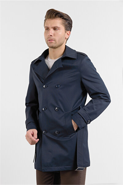 İmza Μπλε ναυτικό μονόχρωμο παλτό με ίσιο γιακά, κλασική εφαρμογή άνεσης 1006...