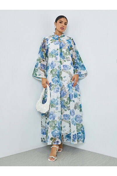 Amirah By Styli Blue Floral Print Stand Collar Jalabiya