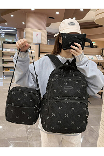 Take Two By Styli Bow Print Zip Closure Backpack with Shoulder Bag and Purse Set