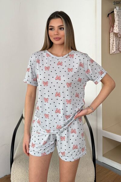 GİYSA Γυναικείο Σετ Πιτζάμες με Φιόγκο και Σορτς με Σχέδιο, Γκρι - 26Y 2054