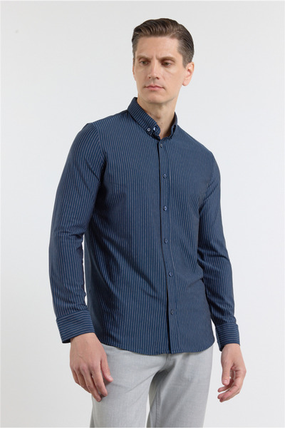 İmza Μπλε ναυτικό ριγέ μοτίβο ιταλικού γιακά με μακριά μανίκια και τσέπη, ελα...