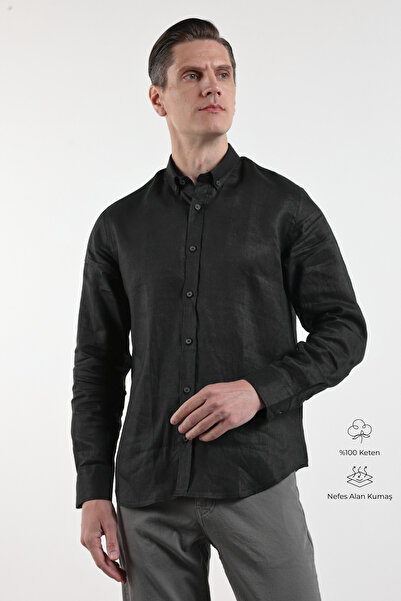 İmza Μαύρο λινό πουκάμισο με κουμπιά στο γιακά, μακρύ μανίκι, χωρίς τσέπες, σ...