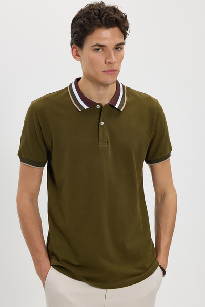 Tudors Ανδρικό μπλουζάκι με λεπτή εφαρμογή 100% βαμβακερό χακί πόλο με λαιμόκοψη