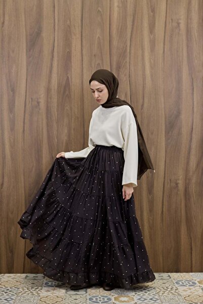 Faya Boutique Acı Kahve Polka Puantiye Desenli Şifon Etek