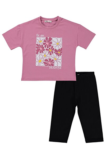 Civil Girls Πολύχρωμο Σετ με στάμπα λουλουδιών για 6-9 ετών - Απαλό Ροζ-Μαύρο