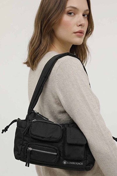 lumberjack Γυναικεία τσάντα ώμου μπεζ-μαύρη με πολλές τσέπες - 13x29x19 εκ.