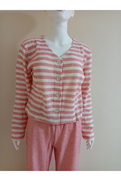 CSAYMODA CROP KESİM ÇİZGİLİ PİJAMA TAKIMI