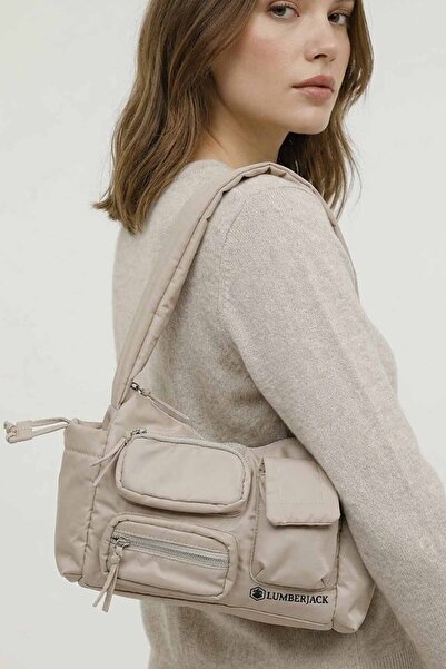 lumberjack Γυναικεία τσάντα ώμου μπεζ-μαύρη με πολλές τσέπες - 13x29x19 εκ.