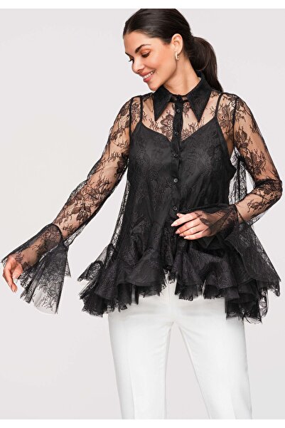 OMBRE Γυναικείο Δαντελένιο Πουκάμισο Ελαφρύ OW-SH-E0003 Μαύρο