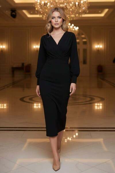 Mossta Μπροστινό φόρεμα με λαιμόκοψη ντραπέ σε μήκος midi - Μαύρο